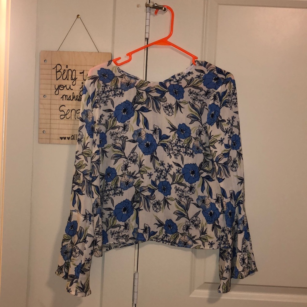 Lush blue floral bell sleeve blouse